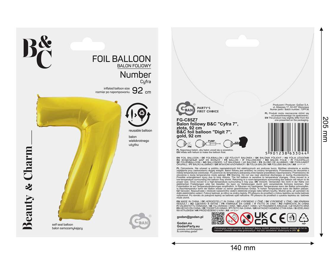 Foil balloon B&C digit 7, gold, 92 cm